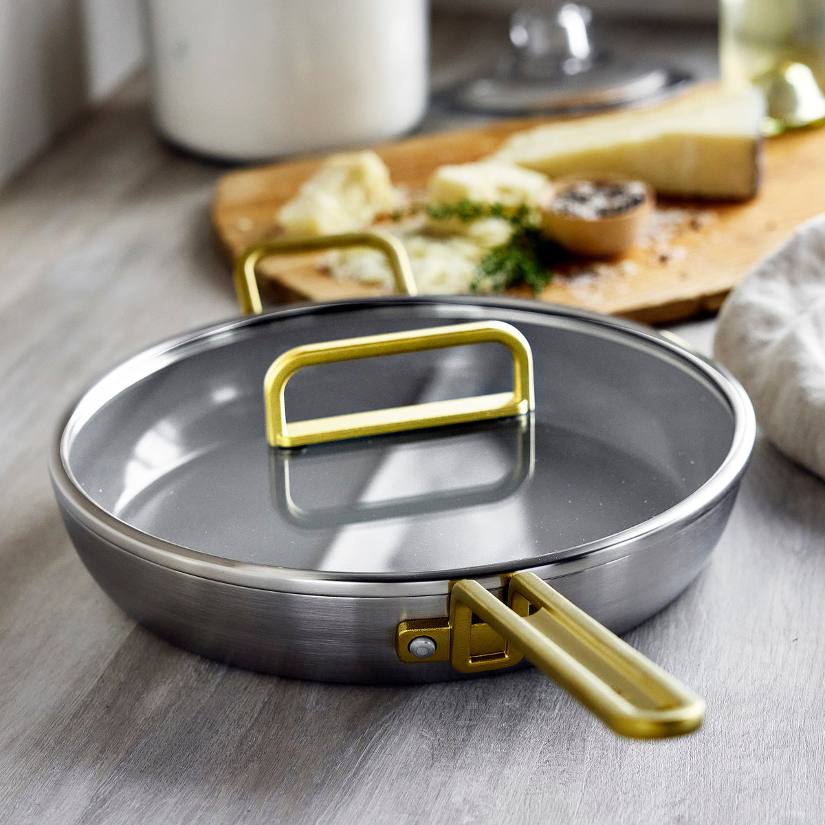 Stanley Tucci™ Stainless Steel Ceramic Nonstick 12" Frypan with Lid | Champagne Handle - Image 3