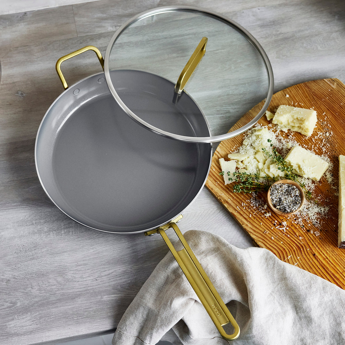 Stanley Tucci™ Stainless Steel Ceramic Nonstick 12" Frypan with Lid | Champagne Handle - Image 4