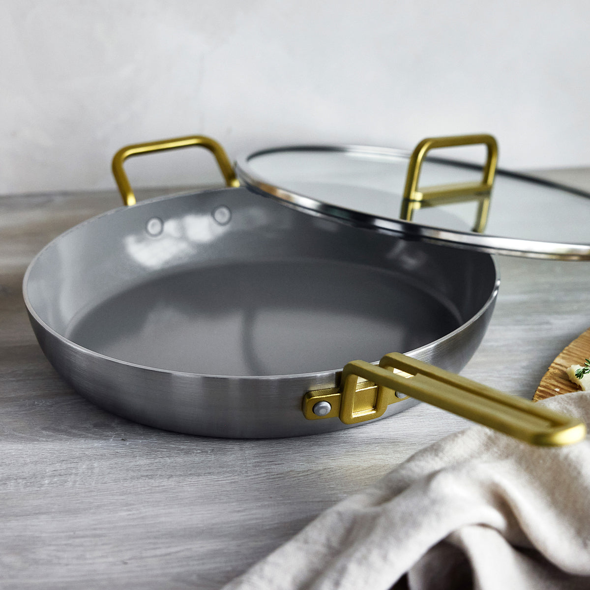 Stanley Tucci™ Stainless Steel Ceramic Nonstick 12" Frypan with Lid | Champagne Handle - Image 8