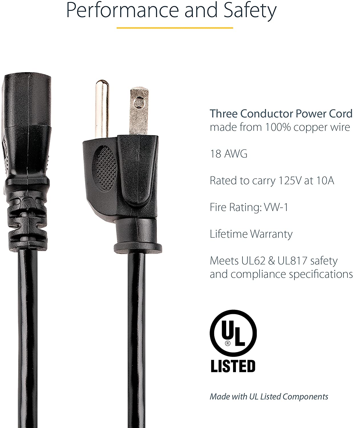 Desktop Power Cable 3 Pin Connector Universal Power Cord