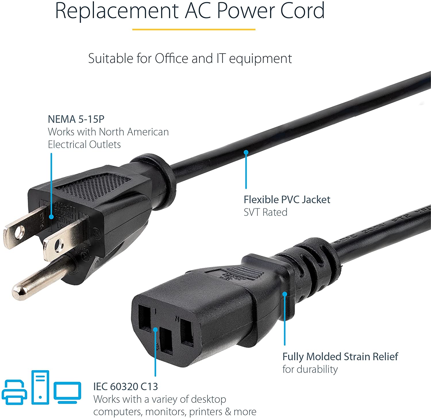 Desktop Power Cable 3 Pin Connector Universal Power Cord