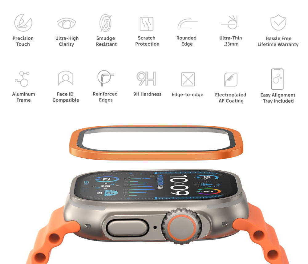 NanoArmour for Apple Watch Ultra 3 / Ultra 2 / Ultra 1 with ClearVue Anti-Reflective Tempered Glass Screen Protector: Aluminum Frame