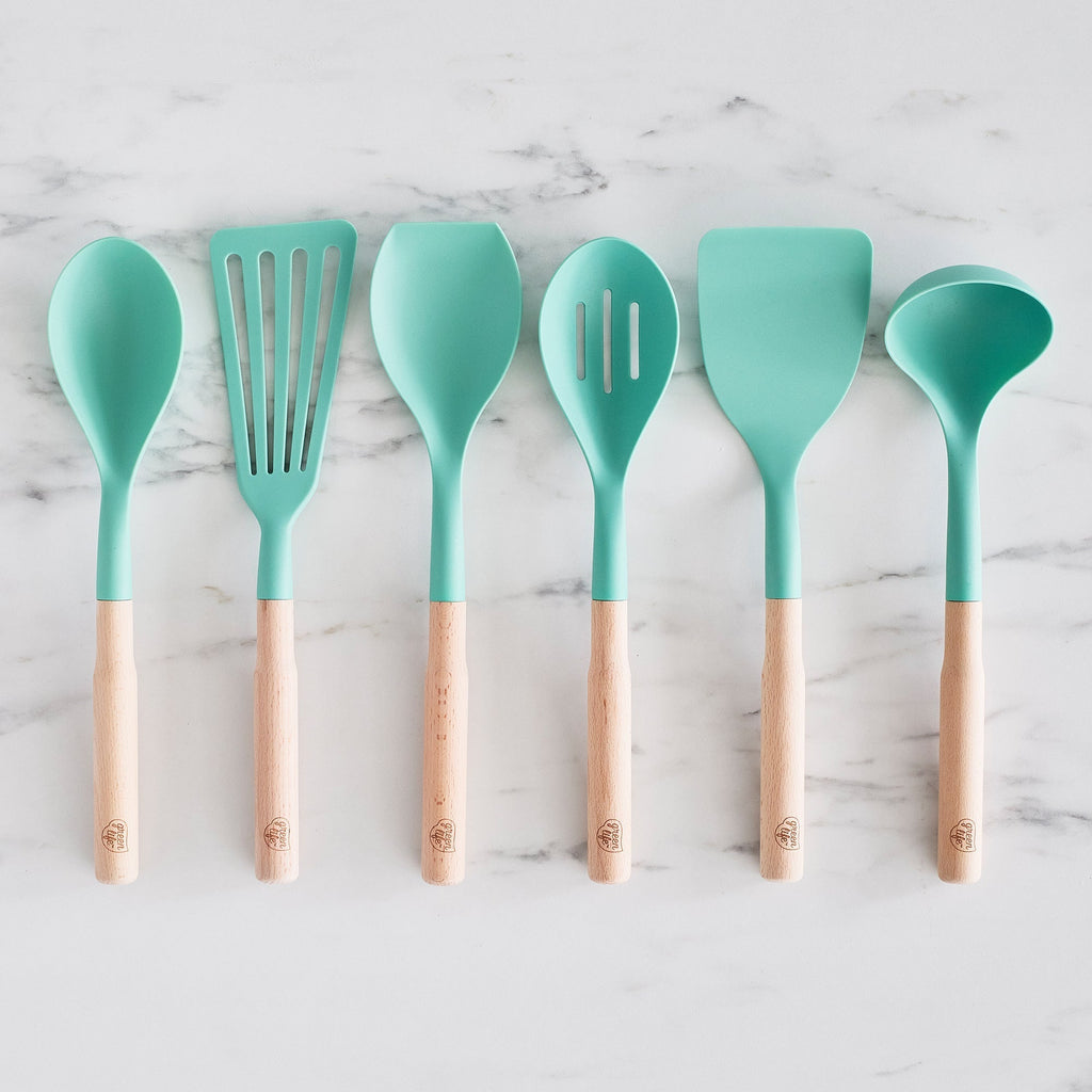 GreenLife Nylon & Wood Cooking Utensils with Ceramic Crock, 7-Piece Set | Turquoise - Image 3