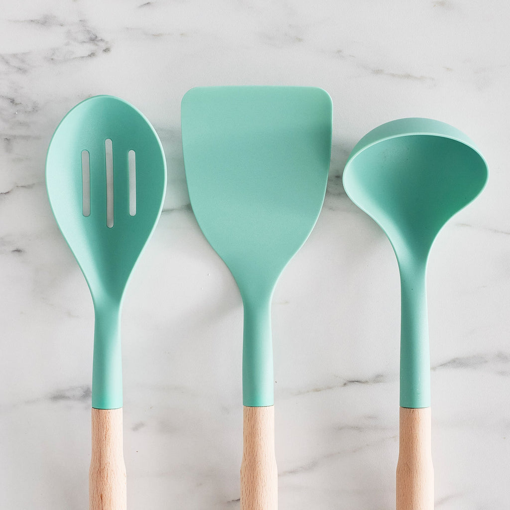 GreenLife Nylon & Wood Cooking Utensils with Ceramic Crock, 7-Piece Set | Turquoise - Image 4
