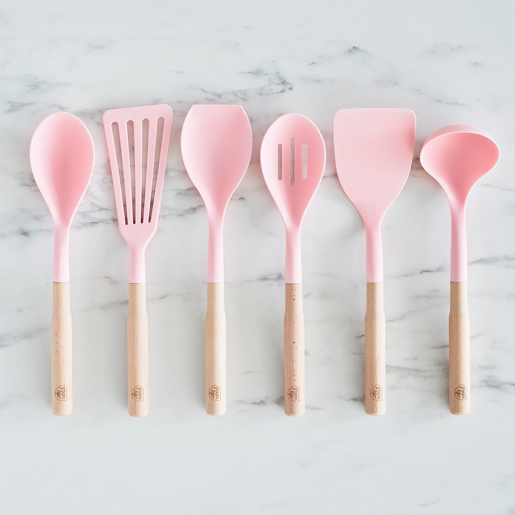 GreenLife Nylon & Wood Cooking Utensils with Ceramic Crock, 7-Piece Set | Pink - Image 3