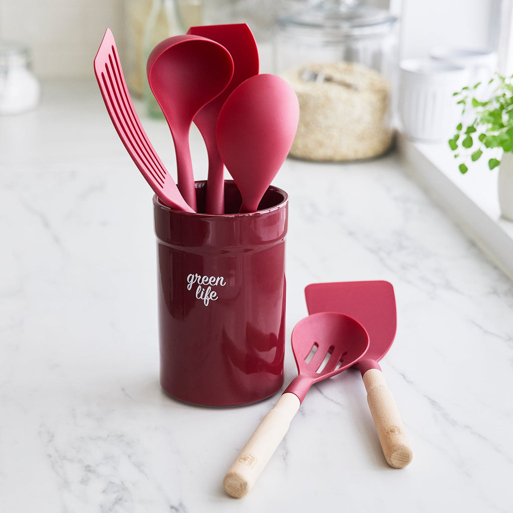 GreenLife Nylon & Wood Cooking Utensils with Ceramic Crock, 7-Piece Set | Red - Image 2