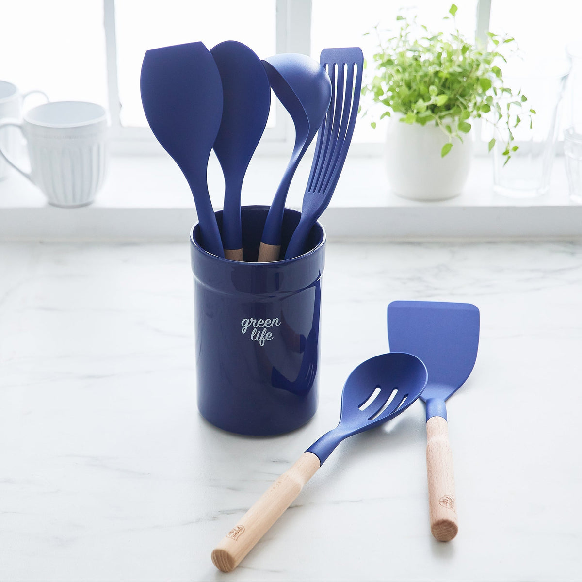 GreenLife Nylon & Wood Cooking Utensils with Ceramic Crock, 7-Piece Set | Blue - Image 2