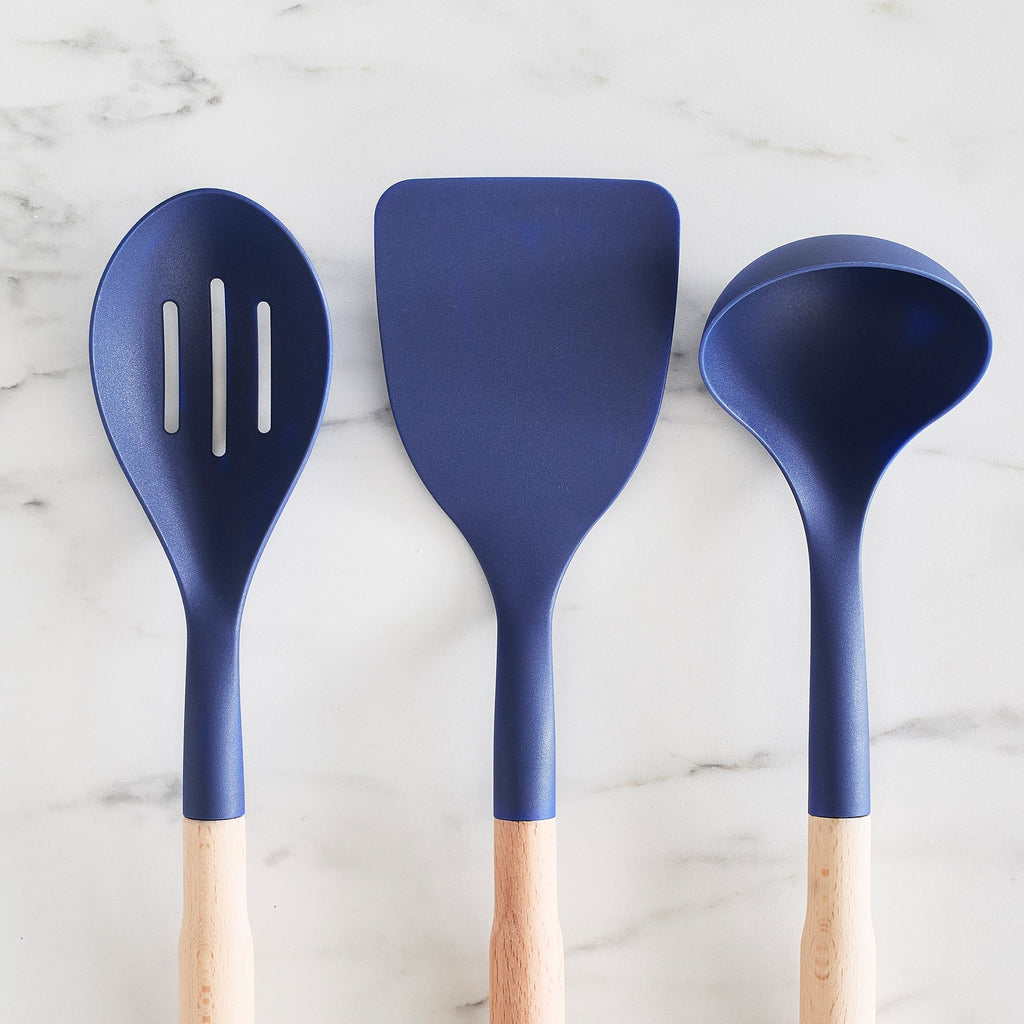 GreenLife Nylon & Wood Cooking Utensils with Ceramic Crock, 7-Piece Set | Blue - Image 4