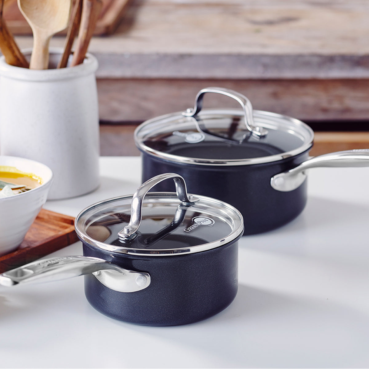 Chatham Black Ceramic Nonstick 1-Quart and 2-Quart Saucepan Set with Lids - Image 2