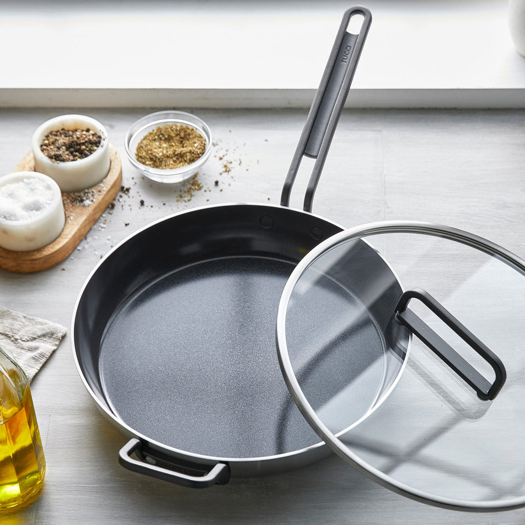 Stanley Tucci™ Stainless Steel Ceramic Nonstick 12" Frypan with Lid | Black Handle - Image 7