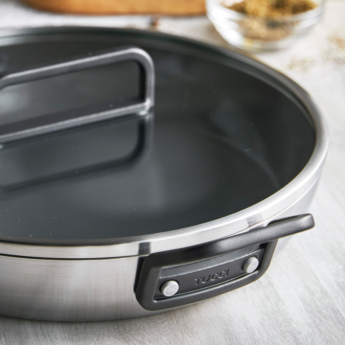 Stanley Tucci™ Stainless Steel Ceramic Nonstick 12" Frypan with Lid | Black Handle - Image 8