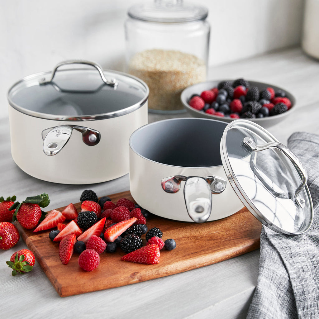 Valencia Pro Ceramic Nonstick 1.5-Quart and 3-Quart Saucepan Set with Lids | Cream - Image 2