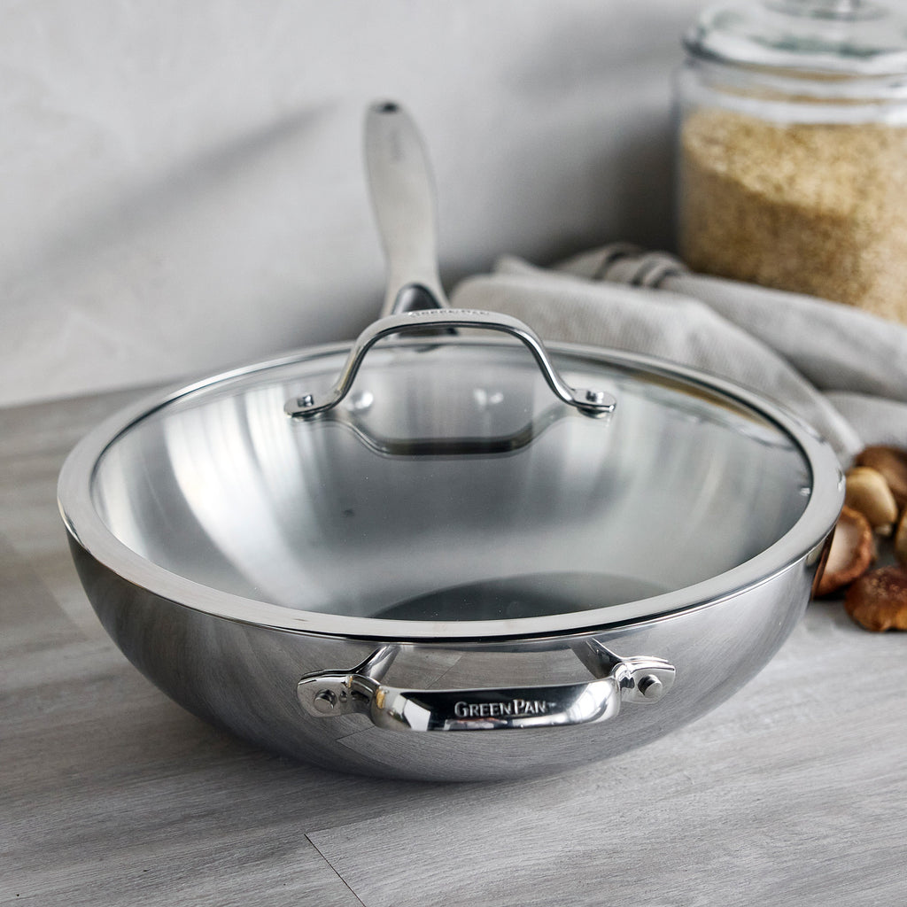 Valencia Pro Stainless Steel Uncoated 12" Wok with Lid - Image 2