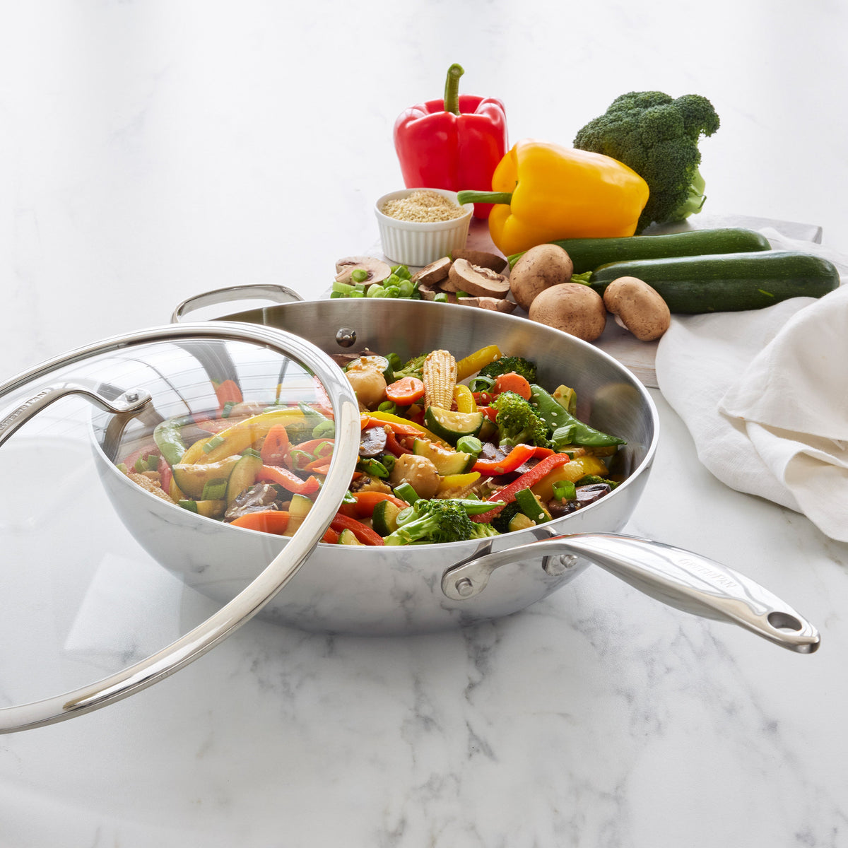 Valencia Pro Stainless Steel Uncoated 12" Wok with Lid - Image 3