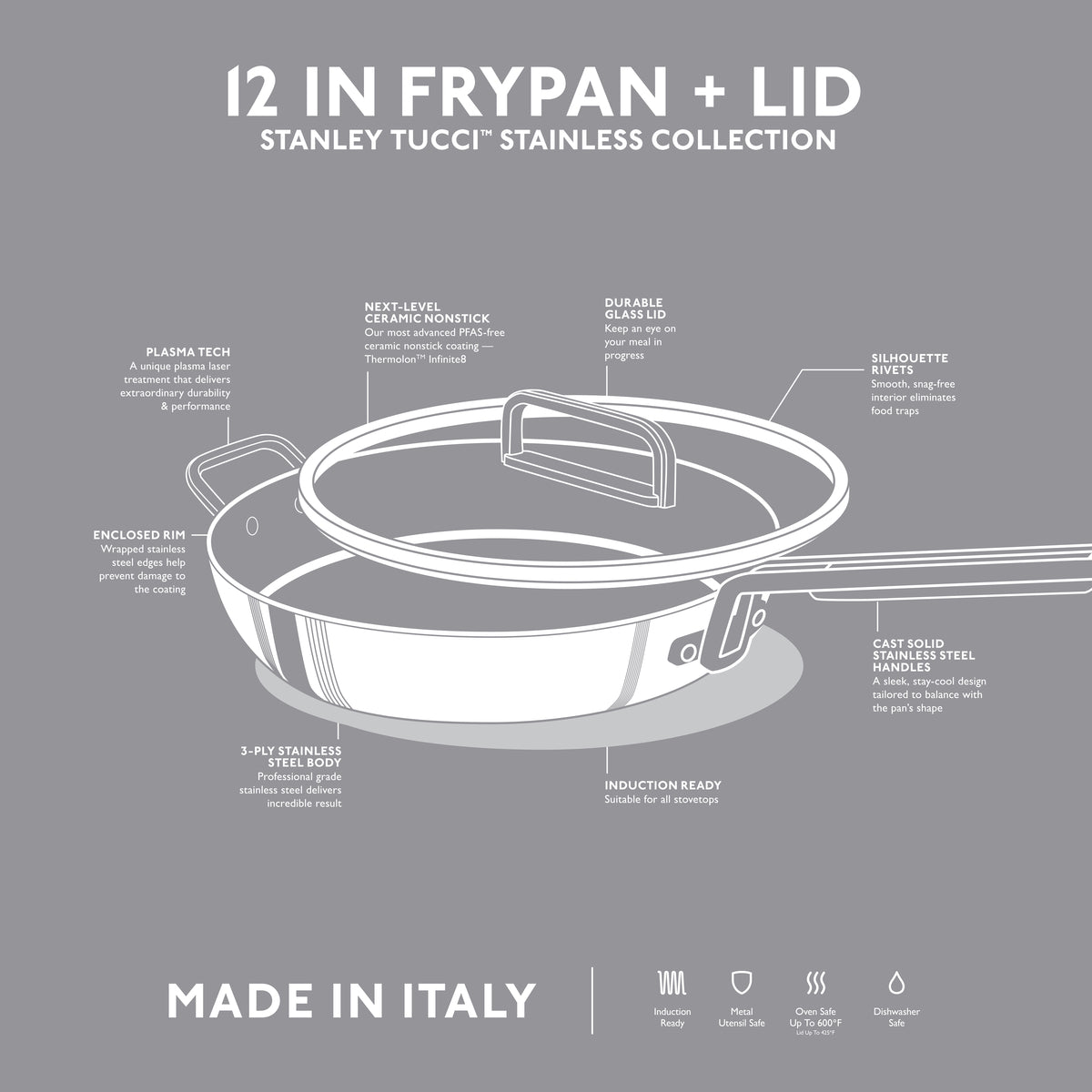 Stanley Tucci™ Stainless Steel Ceramic Nonstick 12" Frypan with Lid | Champagne Handle - Image 10